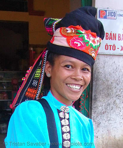 woman from white thai tribe - vietnam, asian woman, bright colors, colorful, hat, headdress, hill tribes, indigenous, thai tribe, turquoise color