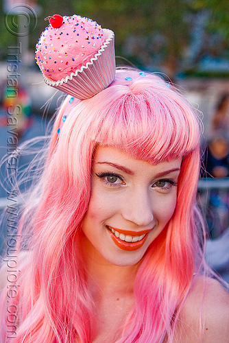 woman in pink cupcake princess costume - gay price (san francisco), cupcake, gay pride festival, headdress, pink wig, princess, woman
