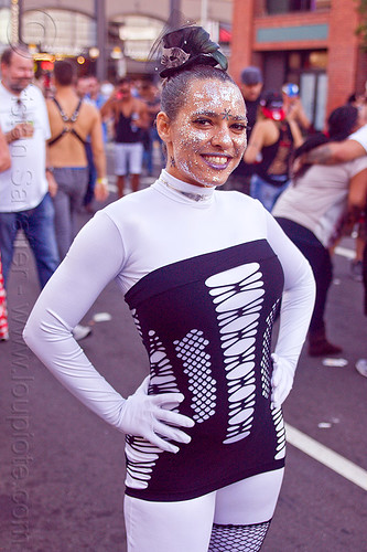 woman in white bodysuit - folsom street fair (san francisco), crystal, glittery makeup, woman