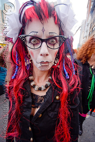 woman - red hair - eyeglasses - face paint - how weird street faire (san francisco), angela, eyeglasses, eyewear, face painting, facepaint, prescription glasses, red hair, spectacles, woman