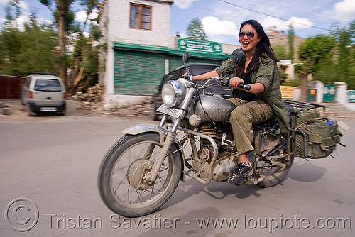 woman riding royal enfield bullet motorcycle - grace liew (india), 350cc, grace liew, ladakh, motorcycle touring, motorcyclist, rider, riding, royal enfield bullet, woman