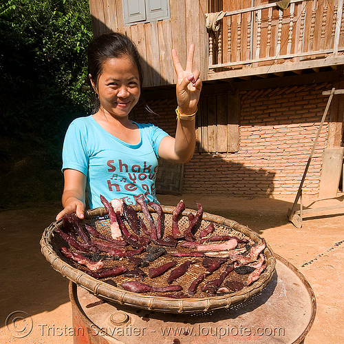 woman selling home-made beef jerky (dried meat) - laos, asian woman, beef jerky, dried meat, dry meat, meat market, meat shop, merchant, peace sign, raw meat, v sign, vendor, victory sign, water buffalo