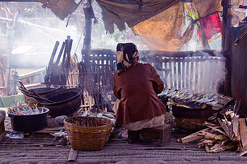 woman smoking fish to preserve them - tamansarari village near probolingo (java), cooking, fishes, old woman, sitting, smoke, smoked fish, smoking, tamansari, working