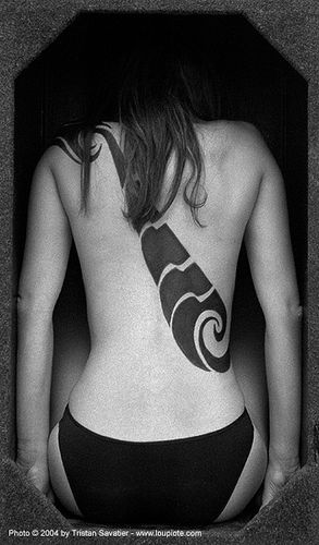 woman with back tribal body-paint - amanda, backpiece, skin, tattooed, tattoos