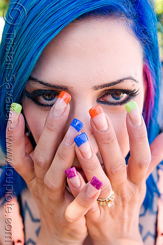 woman with colored nails - blue hair jen, blue contact lenses, blue contacts, blue hair, color contact lenses, colored fingernails, colored lenses, colored nails, gay pride festival, jenny, woman