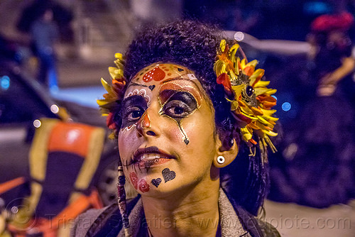 woman with face paint and flower headdress - dia de los muertos, day of the dead, dia de los muertos, face painting, facepaint, halloween, heart makeup, night, sahar, sugar skull makeup, woman