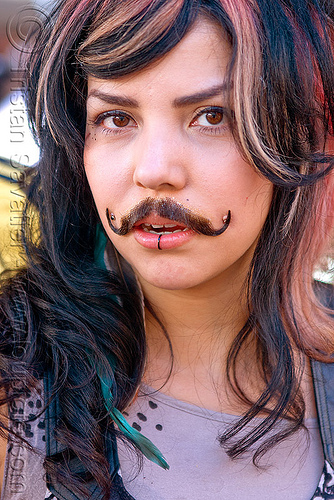 woman with fake moustache - haight street fair (san francisco), fake moustache, fake mustache, false moustache, false mustache, haight street fair, woman
