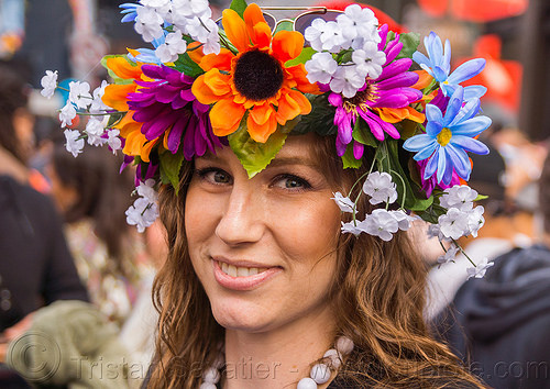 woman with floral headband - how weird street faire (san francisco), fake flowers, headband, headdress, woman