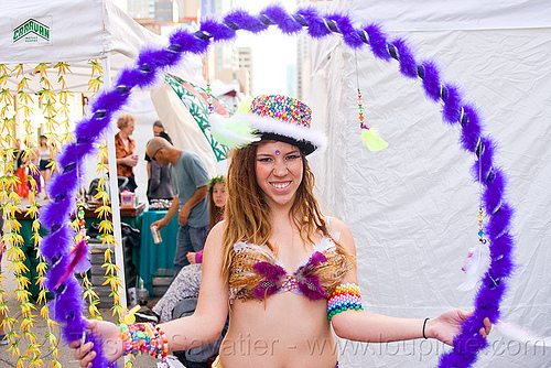 woman with fuzzy purple hulahoop - how weird street fair (san francisco), carnival bra, feather bra, fuzzy hulahoop, melanie, purple, woman