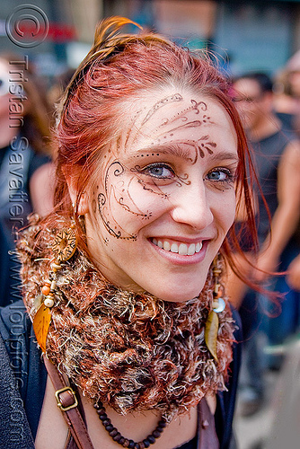 woman with mehndi-like face paint - makeup - éline (san francisco), face painting, facepaint, makeup, red hair, redhead, woman