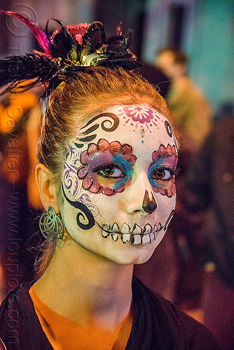 woman with sugar skull makeup - dia de los muertos, day of the dead, dia de los muertos, earrings, face painting, facepaint, halloween, night, sugar skull makeup, teeth makeup, woman