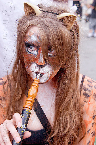 woman with tiger face paint smoking hookah, cat ears headband, hookah, pipe, smoking, tiger facepaint, woman