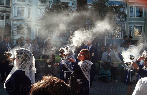 women holding smoking thuribles with burning incense in catholic procession, backlight, censers, crowd, incense, lace, lord of miracles, parade, peruvians, señor de los milagros, smoke, smoking, thuribles, veiled, white veils, women