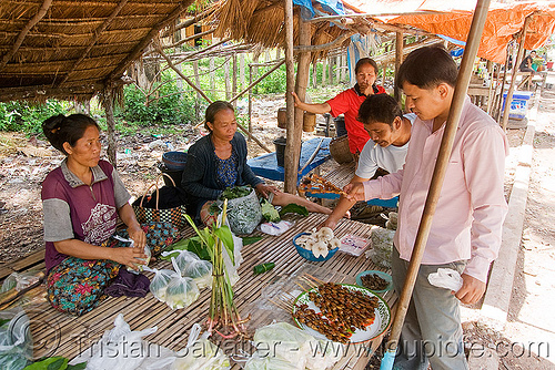 women selling insect snacks (laos), asian woman, edible bugs, edible insects, entomophagy, food, man