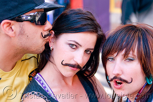 women with fake moustaches - haight street fair (san francisco), fake moustaches, fake mustaches, false moustaches, false mustaches, haight street fair, mustache, sarah, women