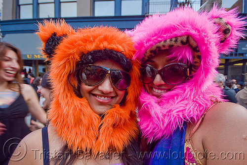 women with fuzzy hoods, fluffy, fuzzy, hat, hoods, orange, pink, ravers, sunglasses, woman