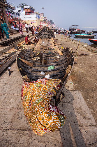 wooden riverboat construction - ghats of varanasi (india), construction, fixing, ganga, ganges river, ghats, hull, men, repairing, river bank, river boat, varanasi