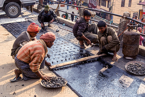 workers repaving street - darjeeling (india), darjeeling, gravel, groundwork, hot asphalt, hot bitumen, men, pavement, paving, road construction, roadworks, screed board, workers, working