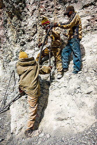 workers using pneumatic drill - drilling and blasting - road construction - ladakh (india), drilling and blasting, fuses, fuzes, groundwork, jackhammer, ladakh, pneumatic drill, road construction, roadworks, rock, workers, working