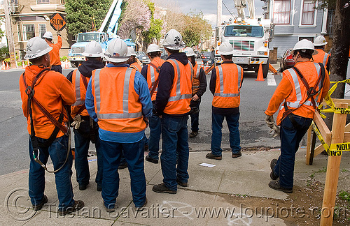 workers with reflective safety vests, construction workers, high-visibility jacket, high-visibility vest, men, orange, pacific gas & electric, pg&e, reflective jacket, reflective vest, safety harness, safety helmet