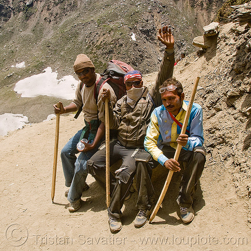 yatris (pilgrims) with their walking sticks - amarnath yatra (pilgrimage) - kashmir, amarnath yatra, hiking canes, hindu pilgrimage, kashmir, mountain trail, mountains, pilgrims, wlaking sticks