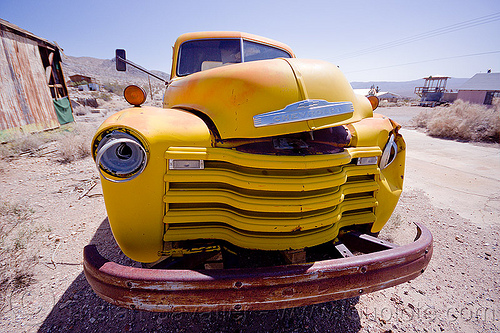 yellow chevy truck, chevrolet advance design, chevy, darwin, death valley, front, ghost town, grid, hood, junk, lorry, rusting, rusty, truck, wreck, yellow