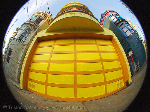 yellow garage door (san francisco), fisheye, garage door, yellow