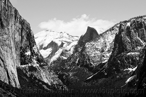 yosemite valley from tunnel viewpoint (black and white), cliff, el capitan, half-dome, landscape, mountains, rock face, winter, yosemite national park, yosemite valley
