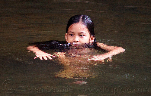 young girl bathing, bath, borneo, child, kid, little girl, malaysia, playing, river bathing, swimming