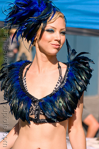 young woman with blue feathers attire - fashion (san francisco), bethany, blue festhers, costume, fashion, feathers, hat, model, woman