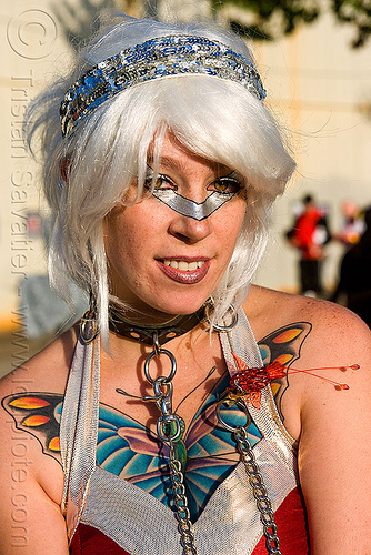 young woman with butterfly chest tattoo -, butterfly tattoo, chain, collar, islais creek promenade, makeup, silver wig, superhero street fair, tattooed, tattoos, white wig, woman