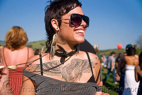 young woman with phoenix chest tattoo, bird tattoo, jacqulynn, phoenix tattoo, sunglasses, tattooed, tattoos, woman