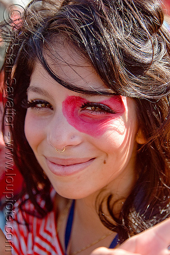young woman with pink heart eye makup, facepaint, kandi kid, kandi raver, lovevolution, pink, woman