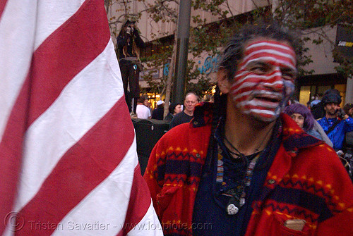 zachary running wolf - native american at halloween critical mass (san francisco), american flag, face painting, facepaint, first nations, flag makeup, halloween critical mass, man, native american, us flag, zachary running wolf