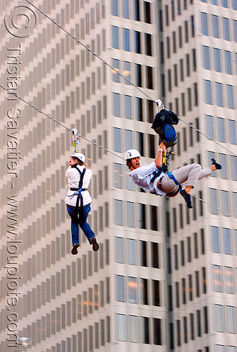 zip-line over san francisco, adventure, blue sky, buildings, cable line, cables, climbing helmet, embarcadero, hanging, high-rise, mountaineering, moving fast, speed, steel cable, tower, trolley, tyrolienne, urban, zip line, zip wire