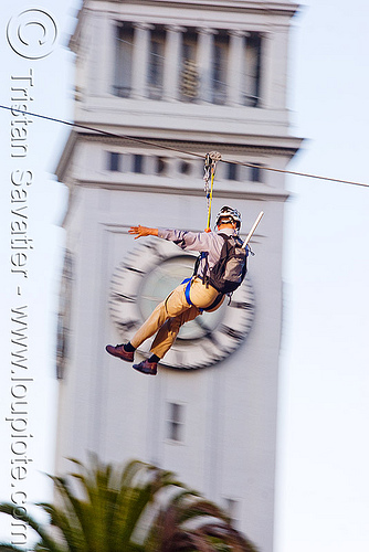 zip-line over san francisco, adventure, blue sky, cable line, cables, campanil, climbing helmet, clock tower, embarcadero tower, ferry building, hanging, mountaineering, moving fast, speed, steel cable, trolley, tyrolienne, urban, zip line, zip wire
