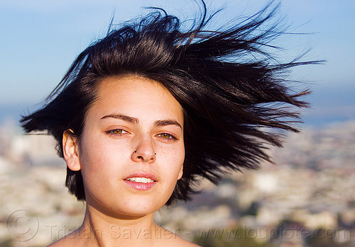 zoey - outdoor portrait of young woman, nose piercing, nostril piercing, wind, woman