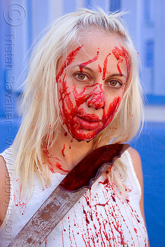 stage blood halloween makeup - young blond woman (san francisco), bleeding, blonde, fake blood, halloween, knife, machete, makeup, red, special effects, stage blood, theatrical blood, woman, zombie