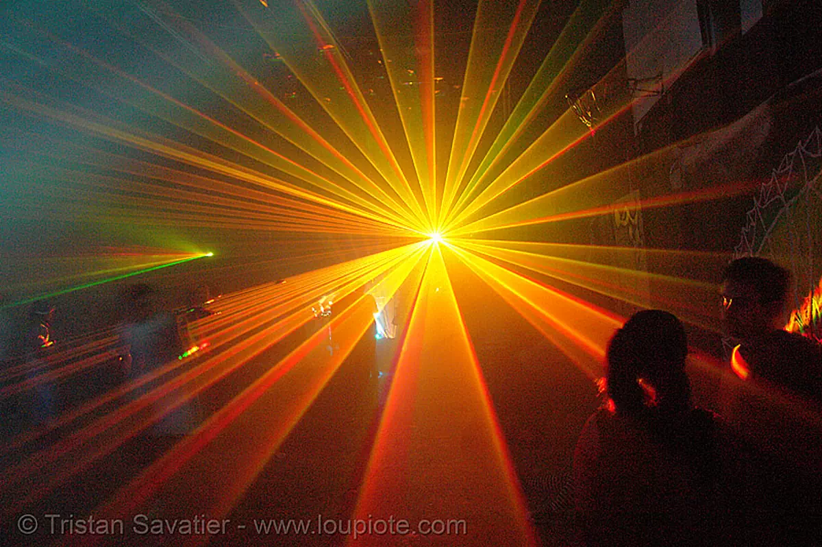 laser show, warehouse underground rave party