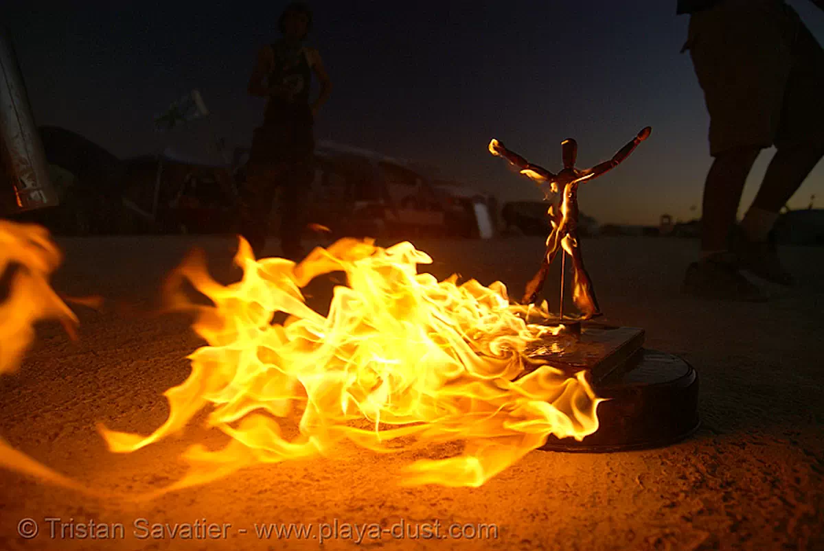 A mini-man is burned - burning man 2007, burning man, fire, night of the burn