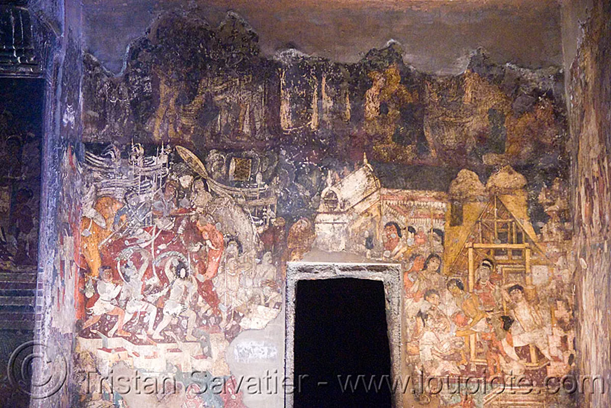 ancient buddhist paintings - ajanta caves - ancient buddhist temples (india), ajanta caves, buddhism, cave, india, painting, rock-cut