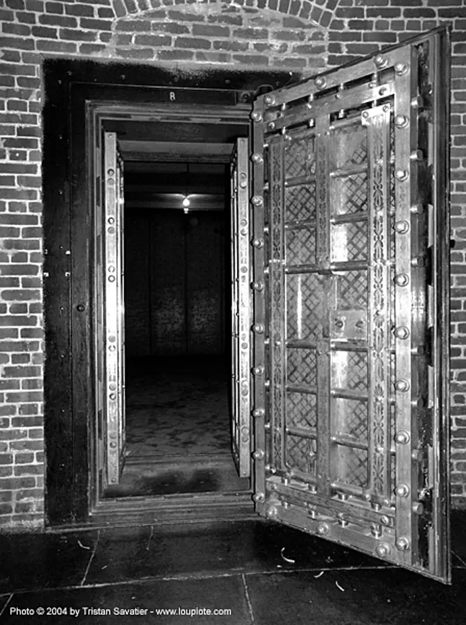 antique safe door, armored door, etched, etching, safe door, san francisco old mint, steel