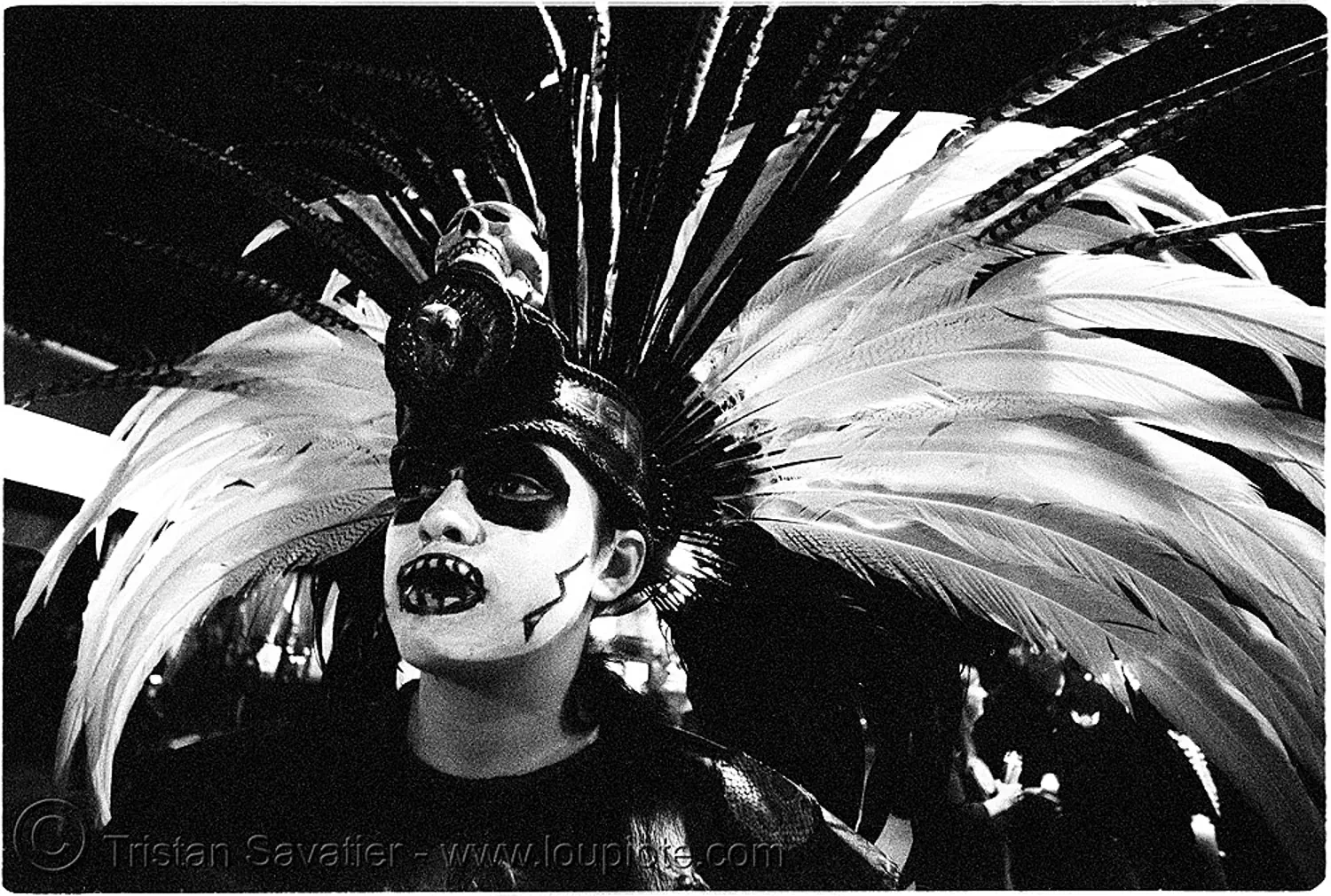 aztec dance group 'xolo, sacred dance' - dia de los muertos - halloween (san francisco) - teresa, aztec dancer, costumes, day of the dead, dia de los muertos, feathers, halloween, hat, makeup, night, p3200tmz, pushed, sacred dance, tmax, woman, xolo
