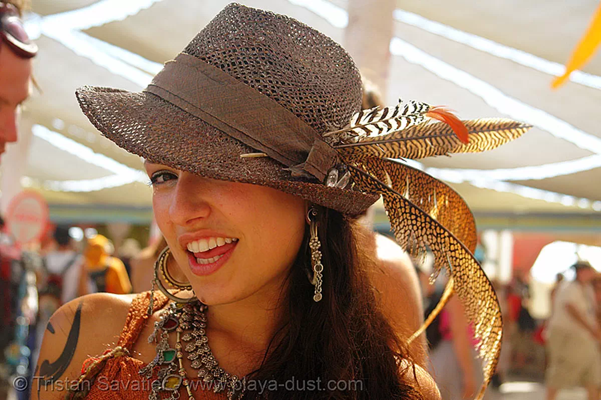 bavarian-style mesh hat with feathers - burning-man 2006, alpine hat, bavarian hat, burning man, fashion, feathers, fedora hat, mesh hat, woman