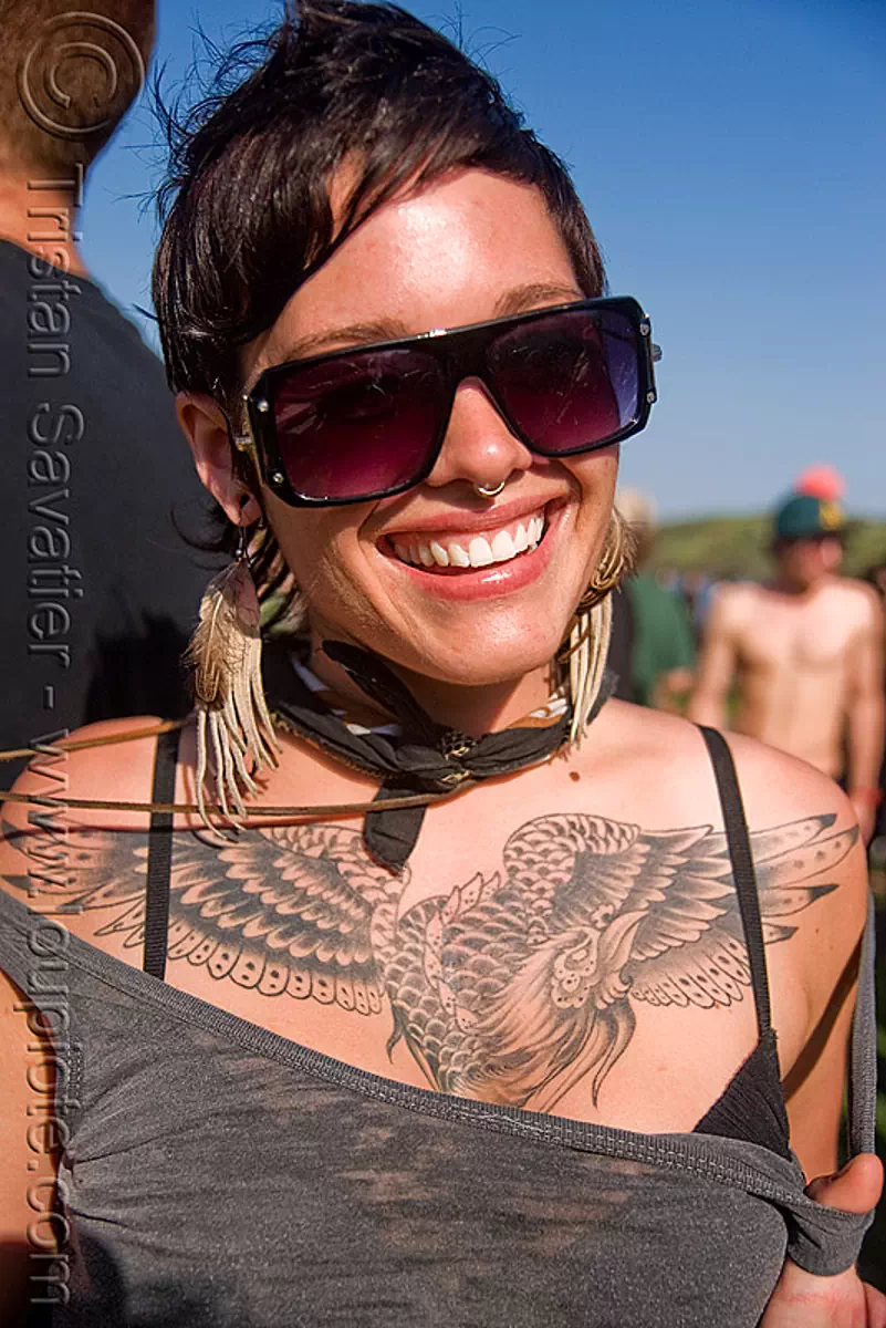 beautiful phoenix tattoo, bird tattoo, chest tattoo, jacqulynn, phoenix tattoo, sunglasses, tattooed, tattoos, woman