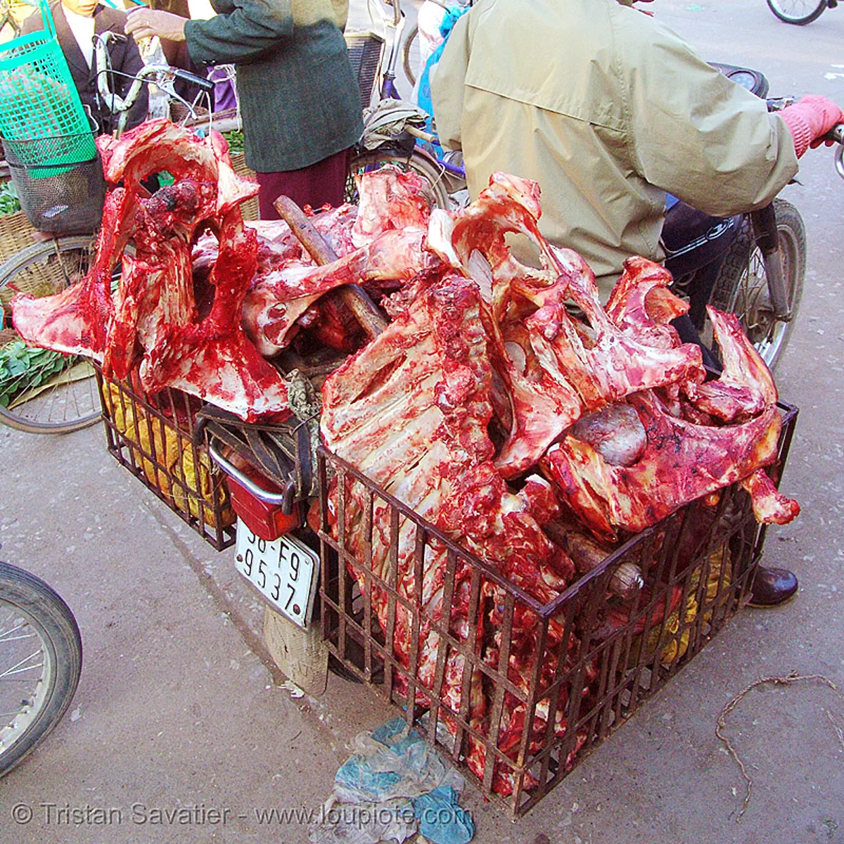 beef carcass on motorbike (vietnam), beef, butcher, carcass, carcasses, lang sơn, meat market, meat shop, motorcycle, raw meat, red, street market, vietnam