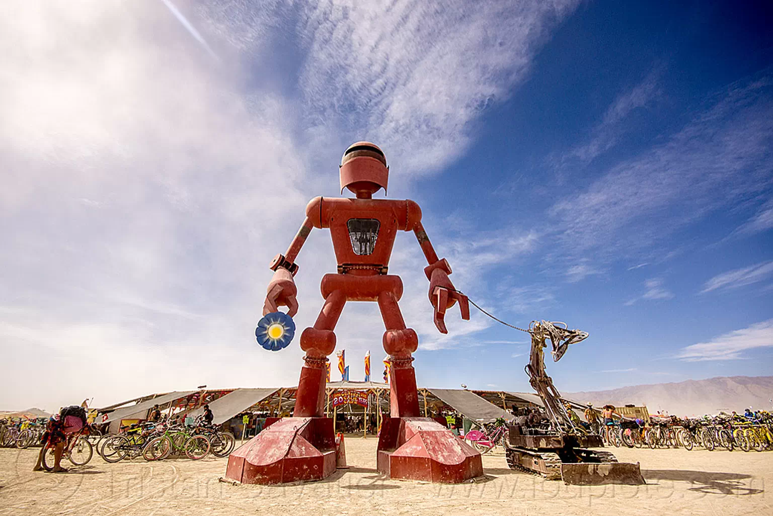 big red robot - becoming human - burning man 2015, art installation, becoming human, burning man, christian ristow, red, robot, sculpture, standing, statue, steel