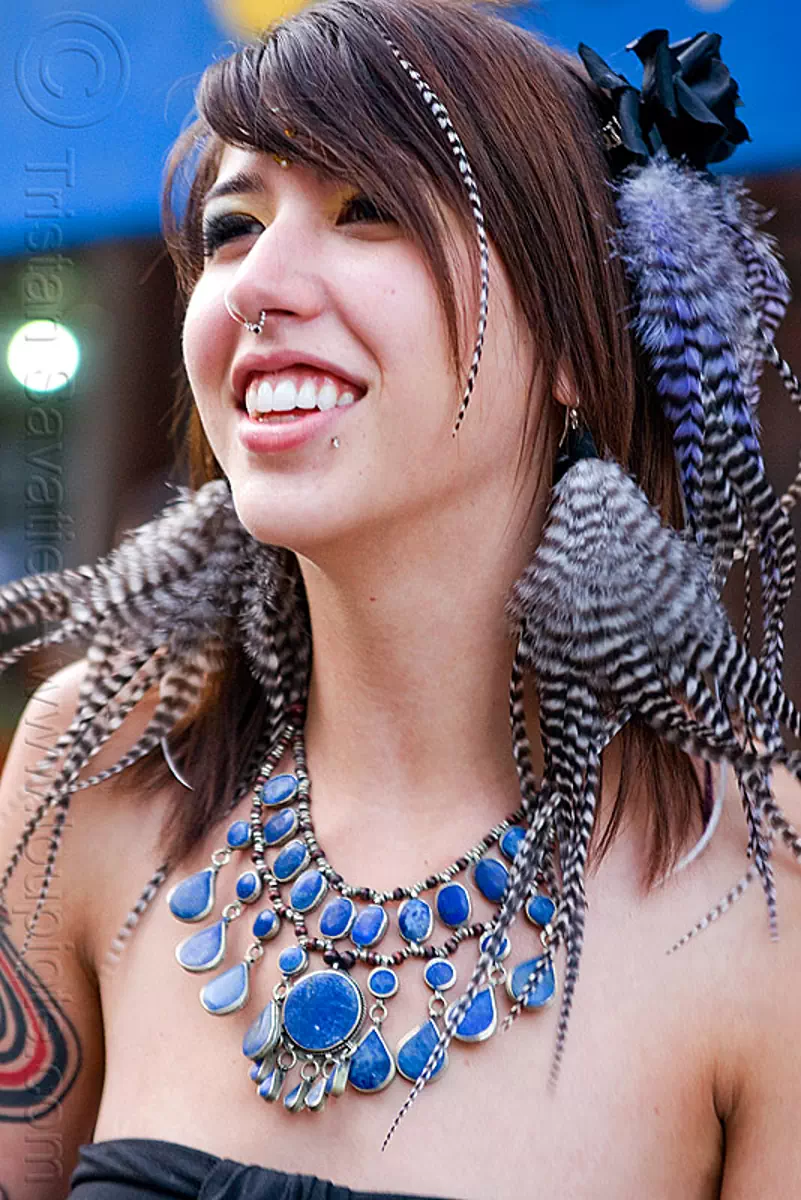 black and white striped feather earrings - ariana francesca, ariana francesca, bindi, blue stone necklace, feather earrings, woman