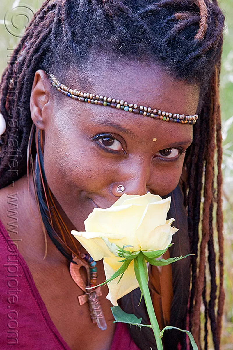 black woman with yellow rose, black woman, dreadlocks, flower, headband, lala love, nose piercing, nose ring, nostril piercing, spring training, yellow rose