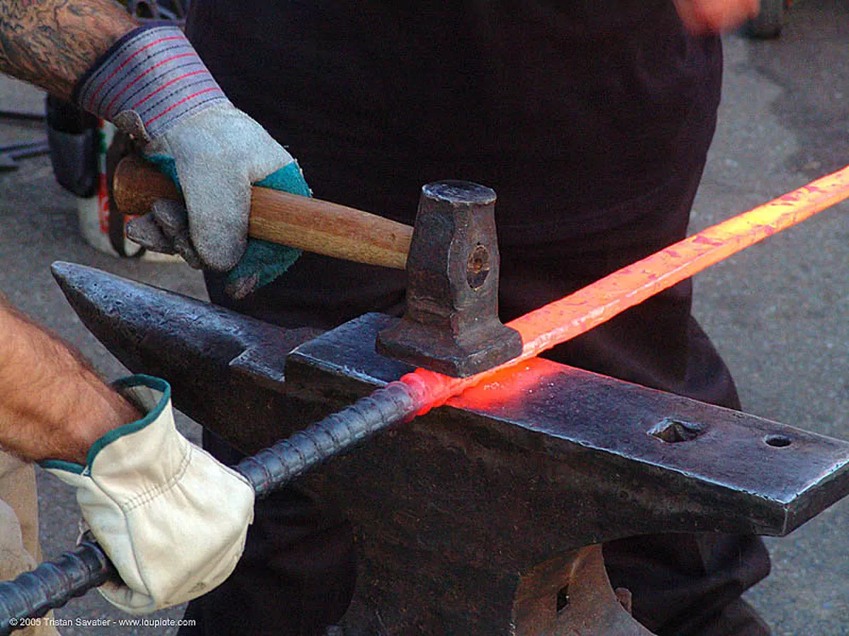 blacksmith anvil, anvil, blacksmith, flatter, forging, glowing, hammer, hands, ironwork, leather gloves, metal working, metalwork, red hot, sword, tool